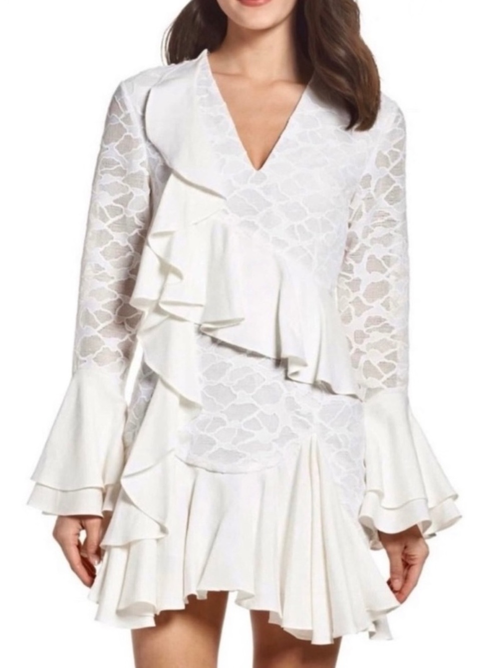 C/MEO COLLECTIVE IVORY RUFFLE LONG SLEEVE MINI DRESS